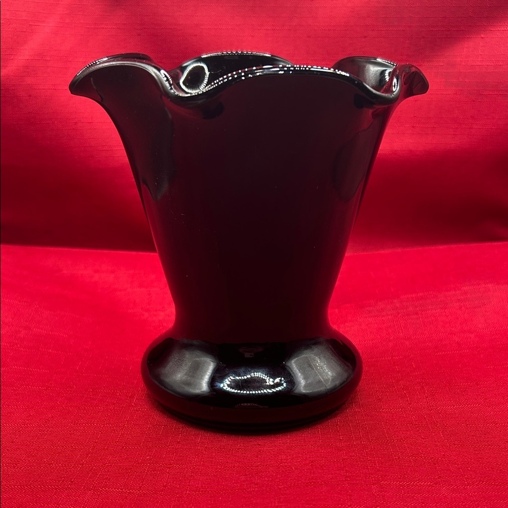 Vintage 5” By 5” Vase Black Glass MCM Hand Blown Fluted Edge